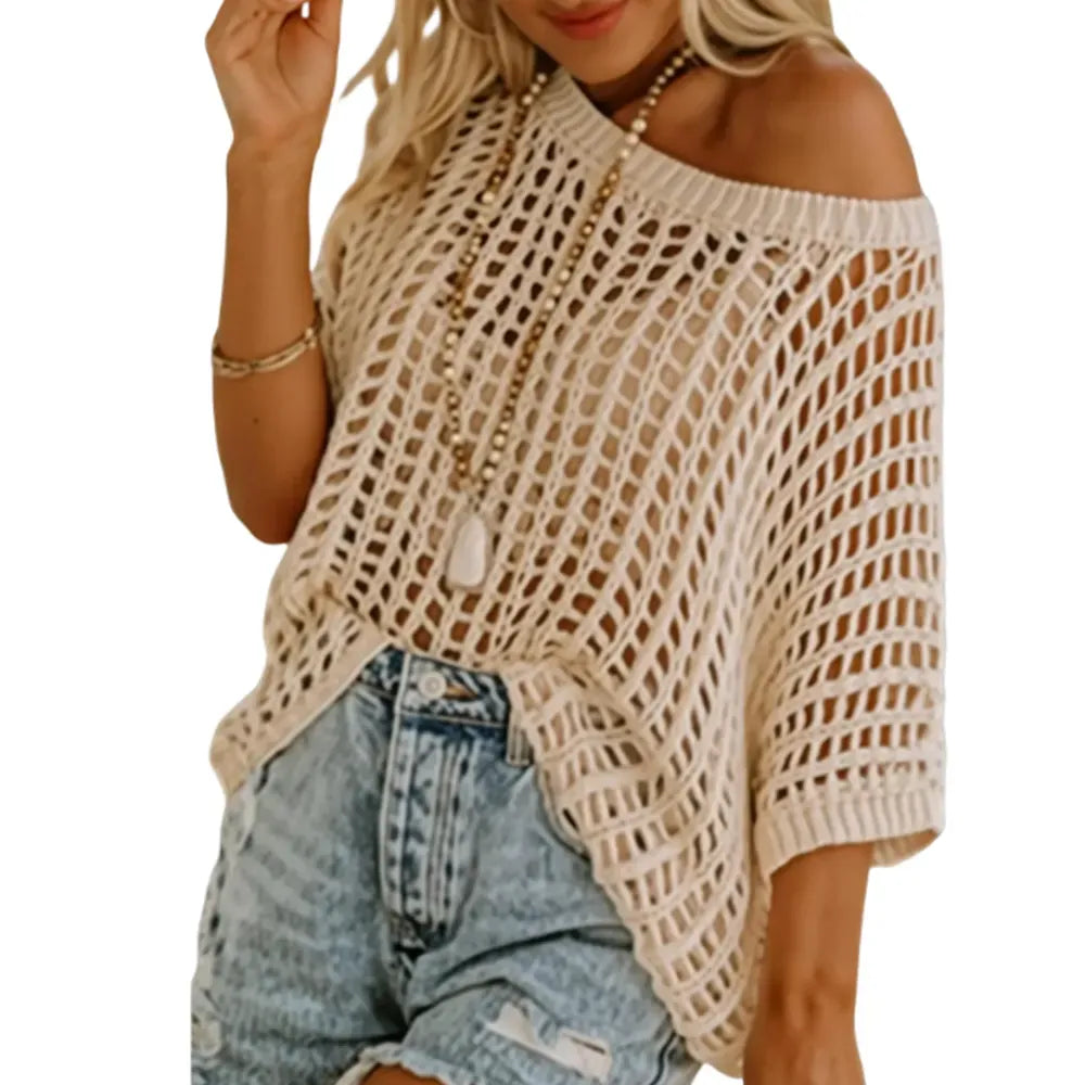 🔥Last day promotion🔥Women's Scoop Neck Crochet Knit Short Sleeve Sweater Top