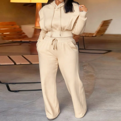 Hooded Long Sleeve Sweatshirt and Casual Wide Leg Sweatpants Set