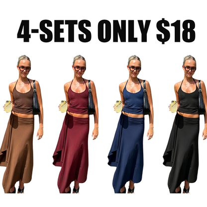 Solid-Color Sleeveless Backless Tie-Strap Camisole and Slim-Fit Side-Slit Maxi Skirt Two-Piece Set