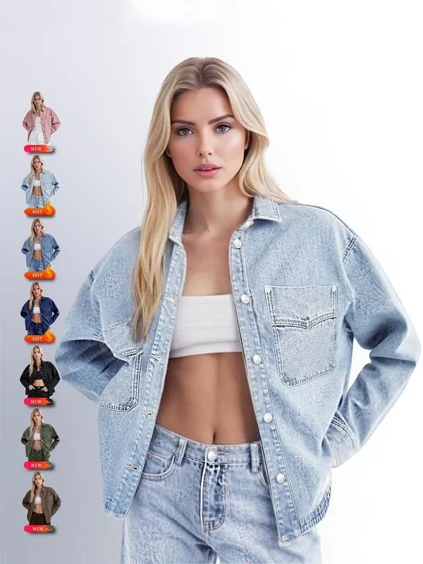 Women's Plain Button Front Drop Shoulder Curved Hem Denim Jacket