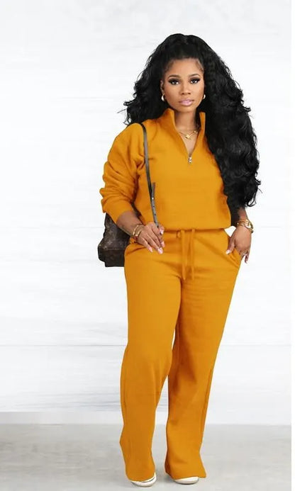 Two-piece Set Women's Solid Zip Up Funnel Neck Sweatshirt & Drawstring Waist Pants