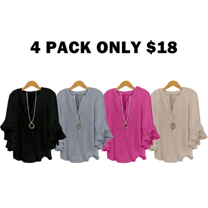 Plus Size Women's Ruffle Sleeve Notched-Neck Fitted Blouse