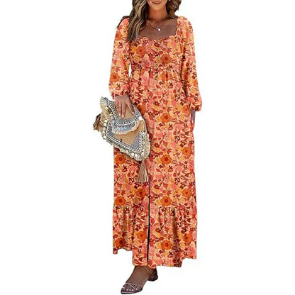 🔥2025 CRAZY DEAL🔥Spring Dresses for Women 2025 Boho Floral Smocked Square Neck Long Sleeve Button Down Beach Long Maxi Dress