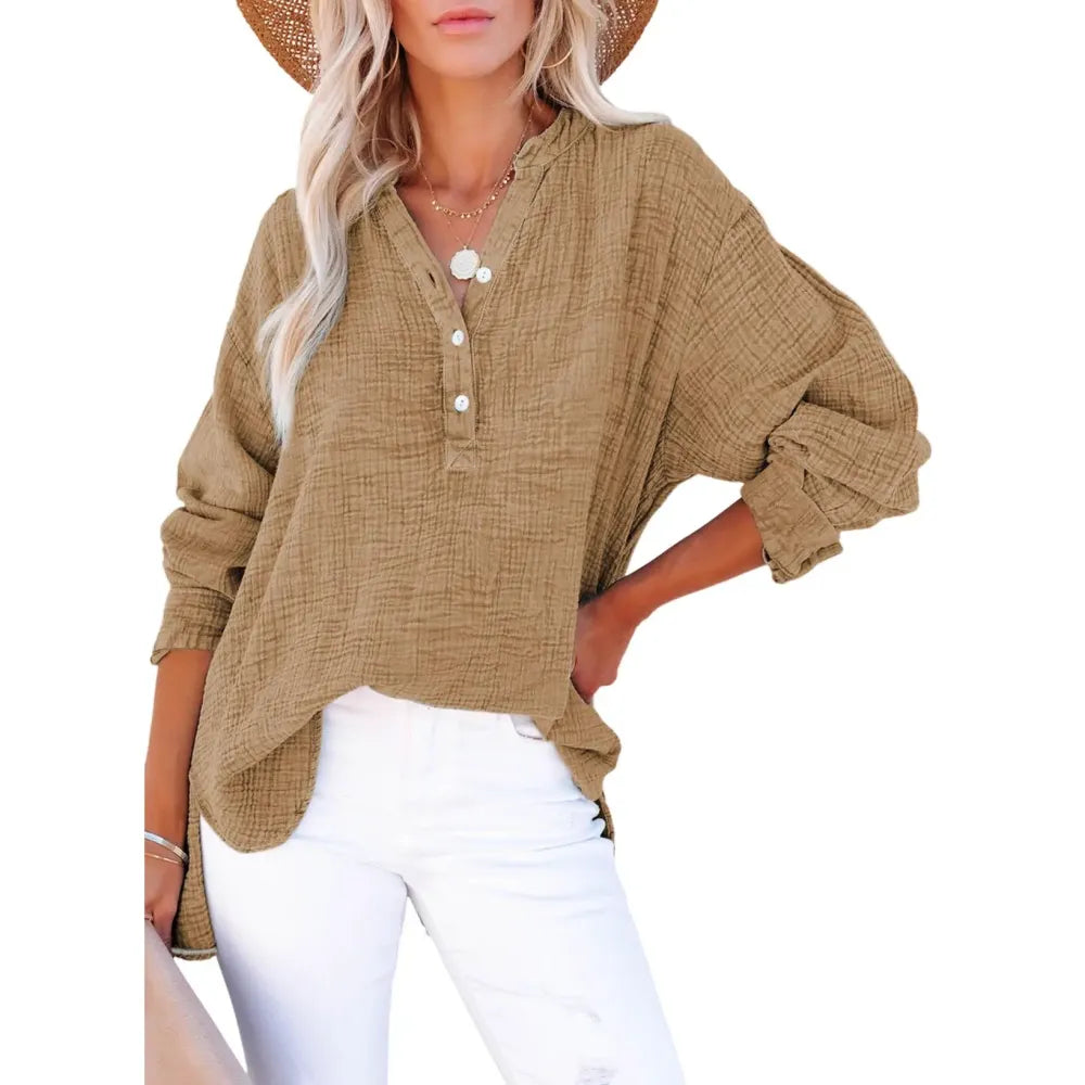 Women's Casual Button V Neck Long Sleeve Shirts