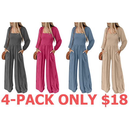 Women's Casual Loose Overalls Jumpsuits One Piece Long Sleeve Wide Leg Long Pant Rompers With Pockets