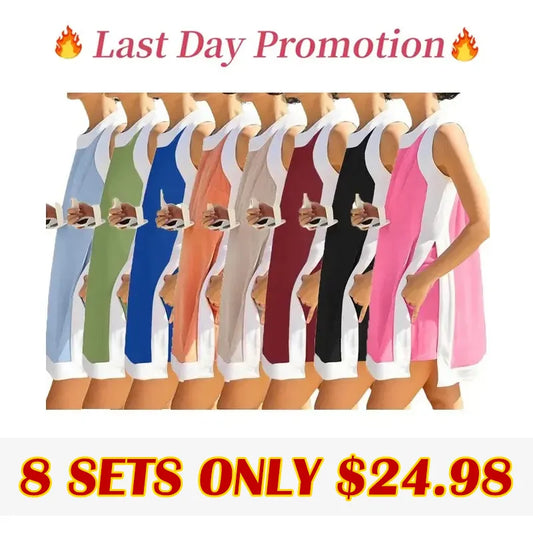 Women's 2-Piece Sets Color Block Crewneck Sleeveless Top + Skirt & Shorts w/ Pockets