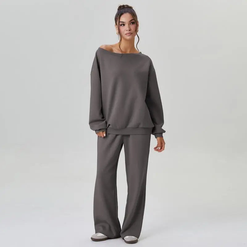 Women's Leisure Solid Color Sloping Shoulder Long Sleeve Top & Wide Leg Trousers Co-ord