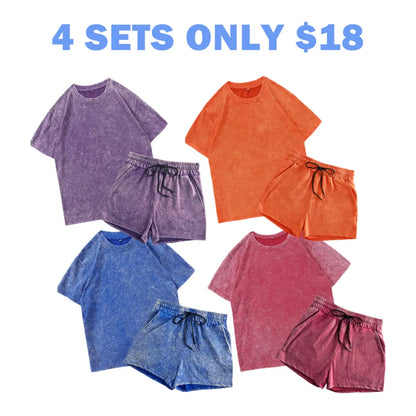 Two-piece Set Women's Solid Color Denim-effect Print Tee & Shorts