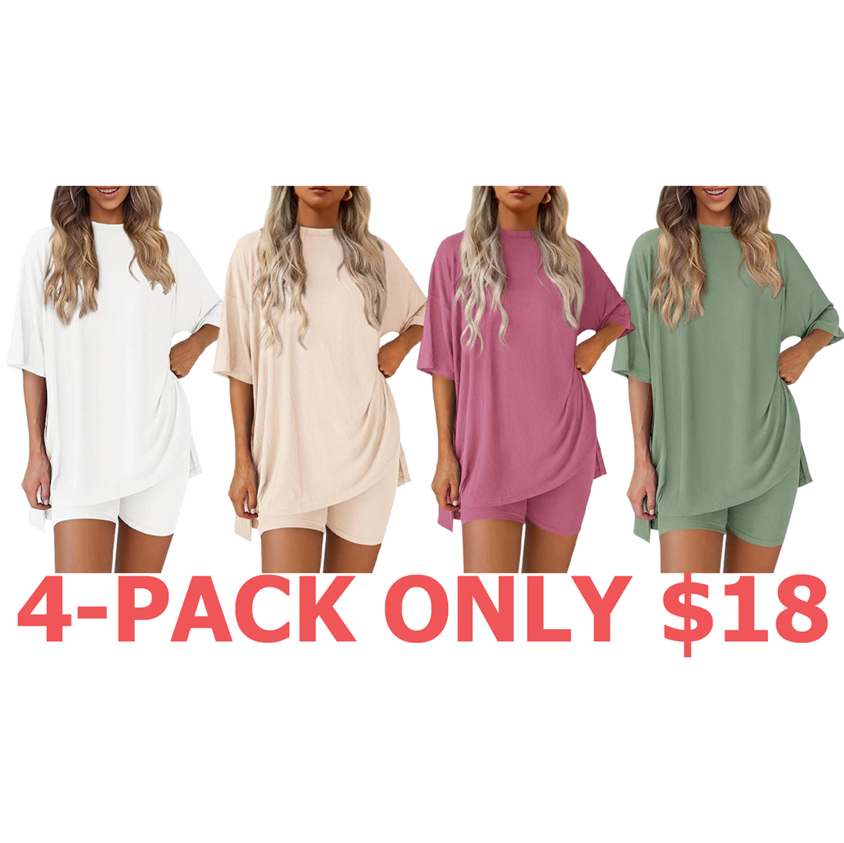 Women's Summer Two-Piece Set 2025 Casual Oversized Crewneck Split Hem Shirts & Side Pocket Biker Shorts Minimalist Lounge Wear Soft Viscose Fabric Comfy Homewear Cozy Pjs