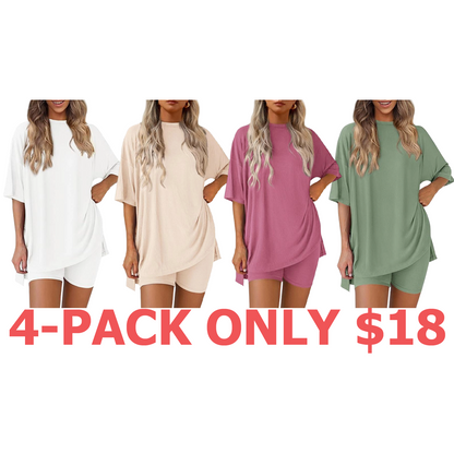 Women's Summer Two-Piece Set 2025 Casual Oversized Crewneck Split Hem Shirts & Side Pocket Biker Shorts Minimalist Lounge Wear Soft Viscose Fabric Comfy Homewear Cozy Pjs