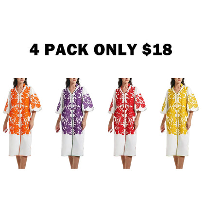 Women Casual V-Neck Mid Dress Floral Embroidery 3/4 Sleeves