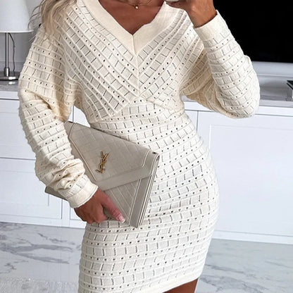 Women V Neck Knit Sweater Dress Pullover Hollow Out Casual Batwing Sleeve
