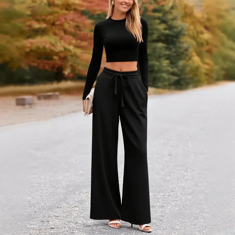 2-Piece Ribbed Knit Long Sleeve Crop Top Wide Leg Pants Matching Lounge Set Loungewear