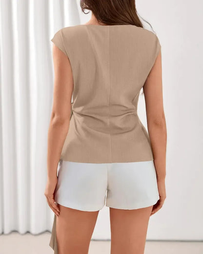 Womens Tops  Cap Sleeve Crew Neck Tie Waist Blouses