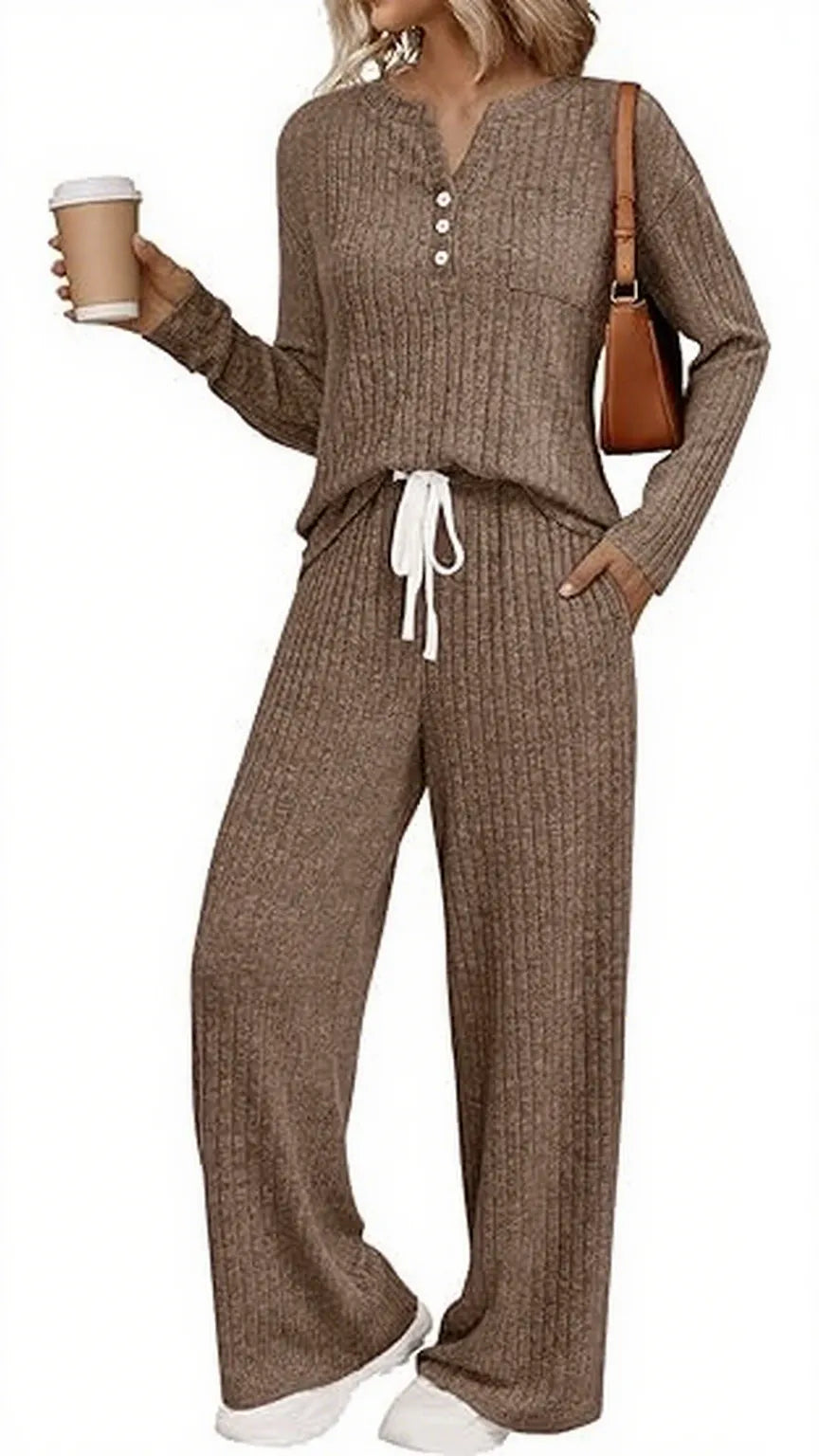 Womens 2 Piece Lounge Sets Fall Outfits Henley Neck Sweater 2025 Matching Sweat Suits Comfy Pajamas Clothes Pockets