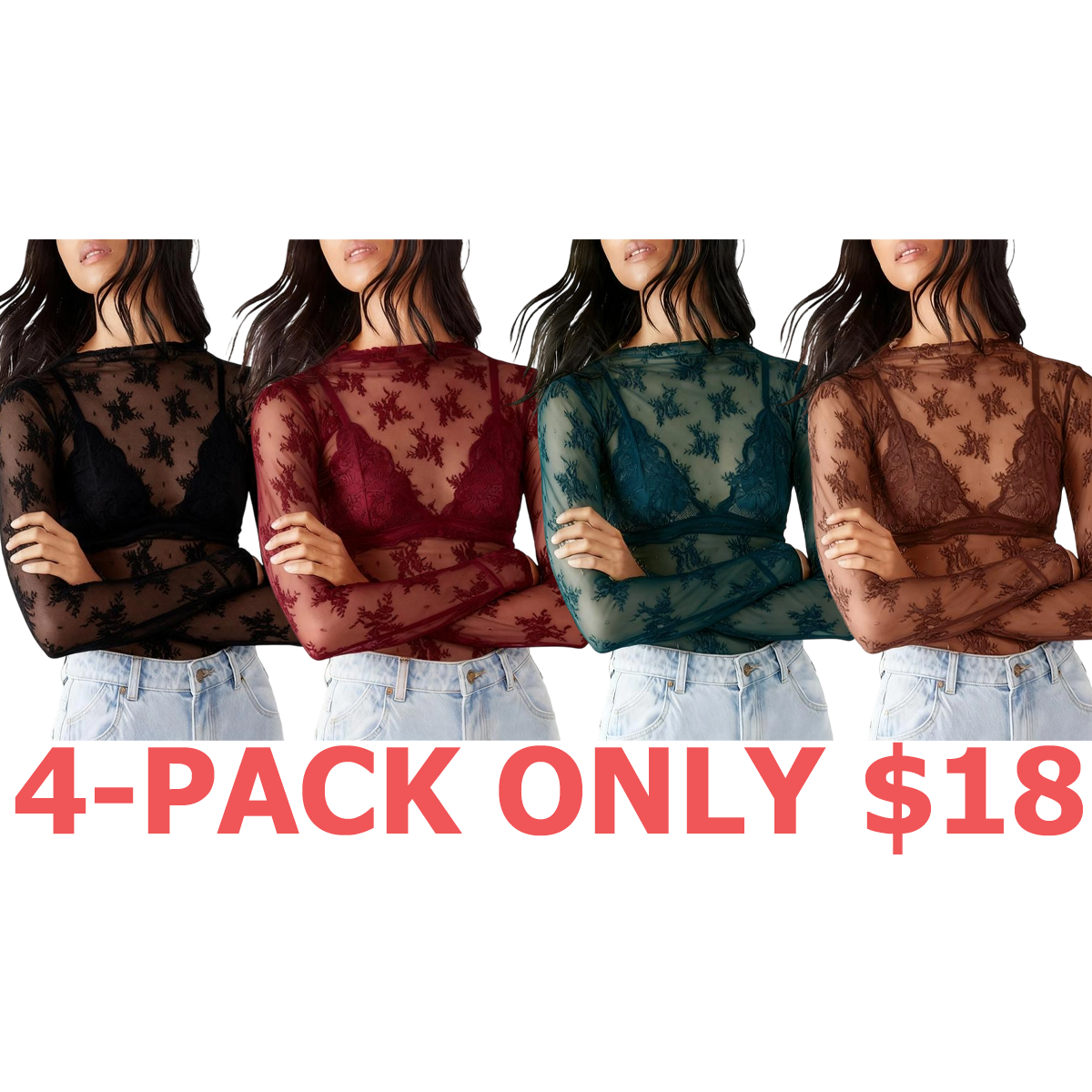 Women's Lace Blouse, Mesh Long-Sleeve Floral Lace Shirt