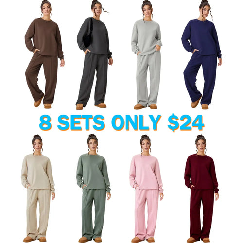 Women's Cozy Round Neck Top & Wide Leg Trousers Two Piece Outfits