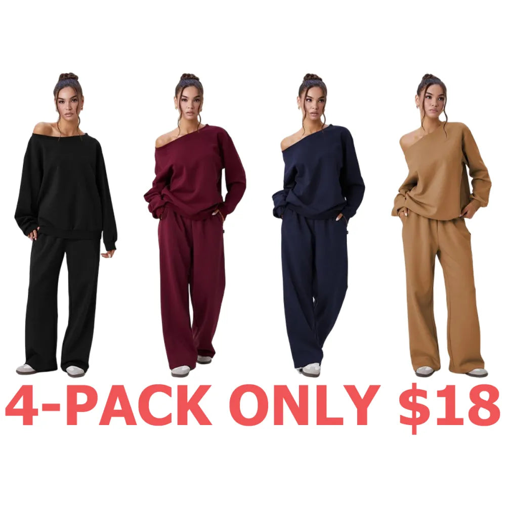 Women's Leisure Solid Color Sloping Shoulder Long Sleeve Top & Wide Leg Trousers Co-ord