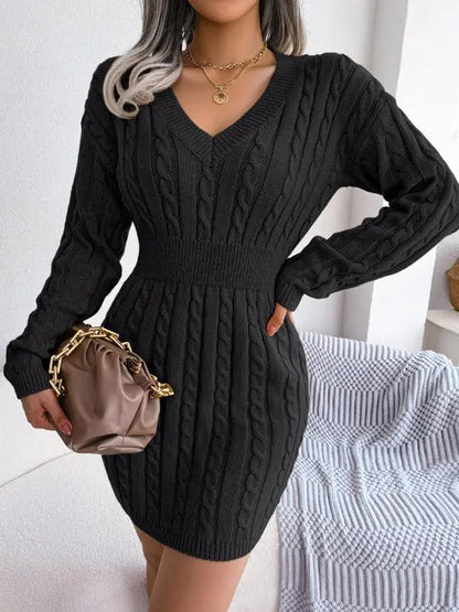 Women's Cable Knit Sweater Dress With V Neck