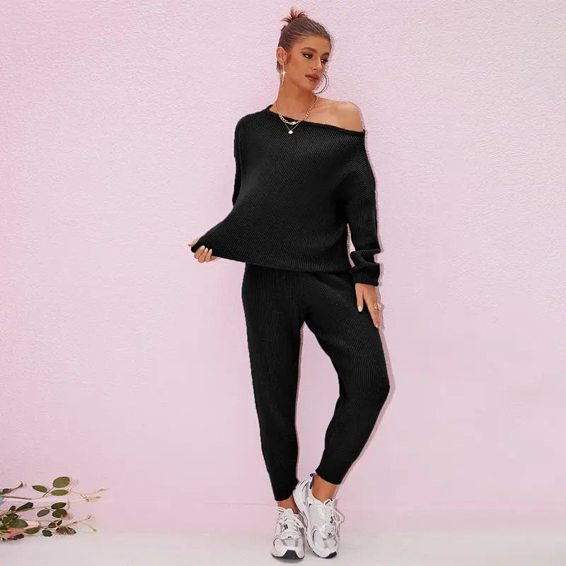 Women's 2025 Fall Winter Knit Set Oversized Sweater & Lounge Pants Matching Sets for Women Striped Knit Basic Black Fitted Long Sleeve Shirts & Blouses