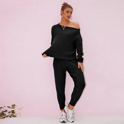Women's 2025 Fall Winter Knit Set Oversized Sweater & Lounge Pants Matching Sets for Women Striped Knit Basic Black Fitted Long Sleeve Shirts & Blouses
