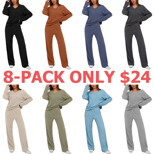 Women's 2 Piece Lounge Sets Ribbed Knit Long Sleeve V Neck Pullover Tops Wide Leg Pants Fall Winter Outfits
