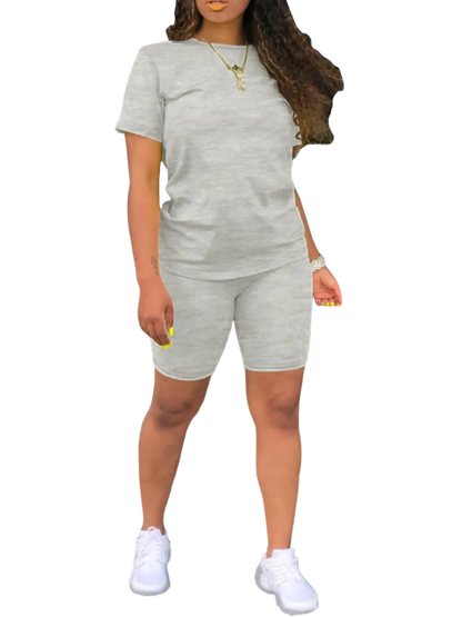 Women's 2-Piece Plain Set: Fitted Crew Neck Tee & Skinny Shorts, Casual Summer Outdoor Outfit