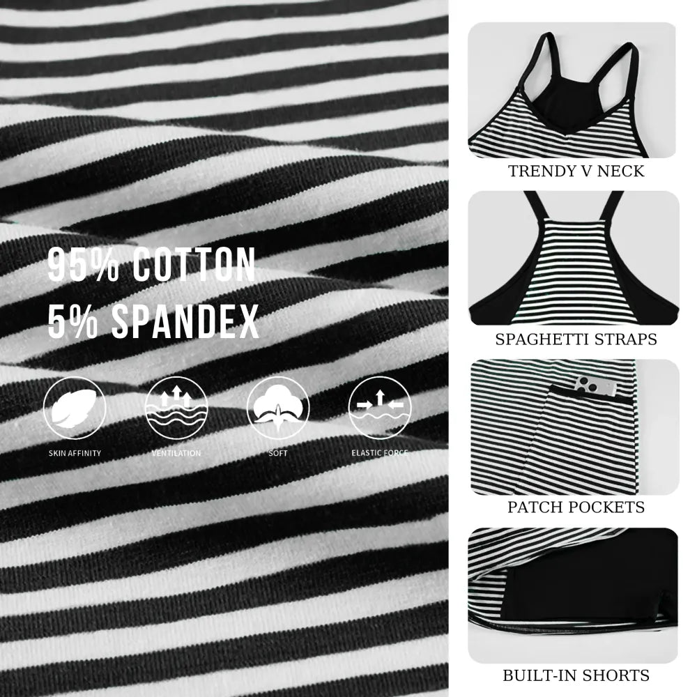 Women's Summer Sleeveless 4th Of July Striped Mini Dress with Built-in Shorts V Neck Spaghetti Straps Athletic Shorts Tennis Dress with Pockets