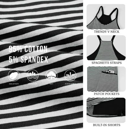 Women's Summer Sleeveless 4th Of July Striped Mini Dress with Built-in Shorts V Neck Spaghetti Straps Athletic Shorts Tennis Dress with Pockets