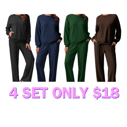 2-Piece Long Sleeve Sweatshirt Drawstring Straight Leg Pants
