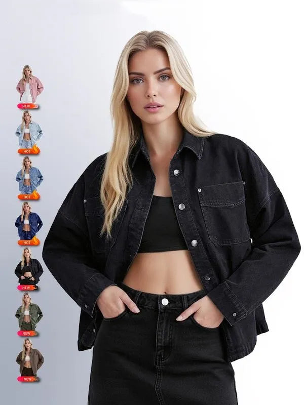 Women's Solid-Color Button-Down Denim Jacket
