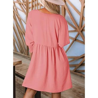 Women's Black Crew Neck Short Sleeve Flowy Swing Mini Tunic Dress