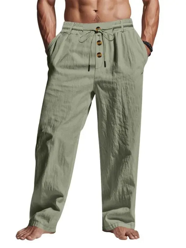 Men's Solid Button Design Linen Pants
