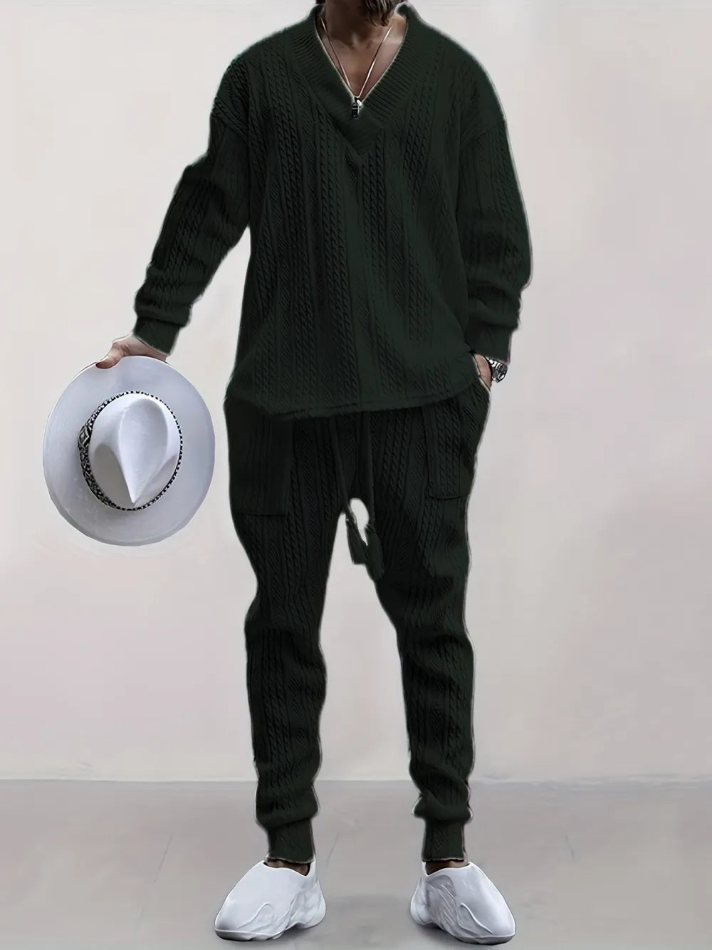 Mens V Neck Sweatshirt Jacquard Tracksuit 2 Piece Men Baggy Sweatsuit Sets Men's Jogging Tracksuit Set Outfit for Men