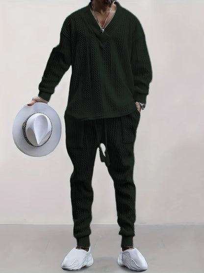 Mens V Neck Sweatshirt Jacquard Tracksuit 2 Piece Men Baggy Sweatsuit Sets Men's Jogging Tracksuit Set Outfit for Men