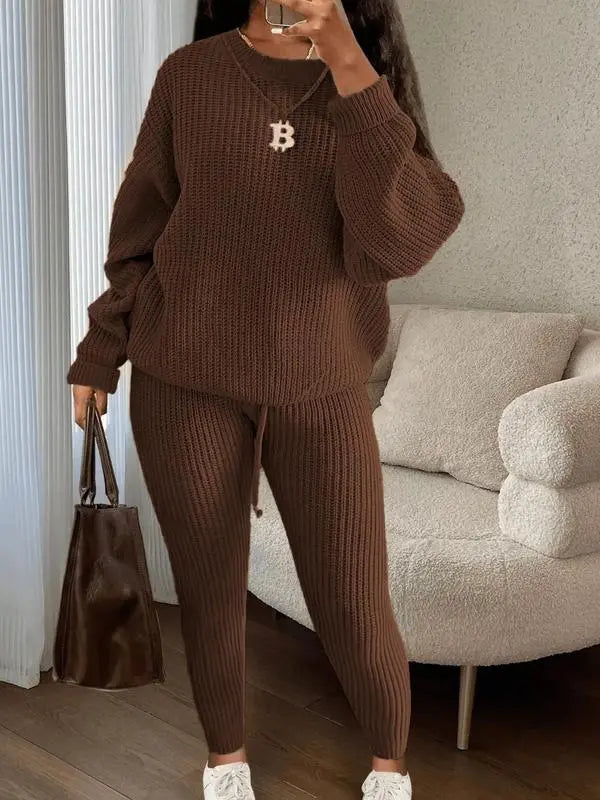 Women's Solid Drop Shoulder Long Sleeve Sweater & Drawstring Waist Pants Set