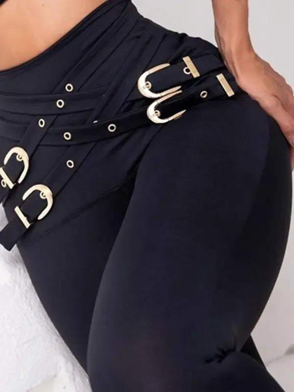 Women's Criss Cross Metal Buckle Decor High Waist Rise Leggings