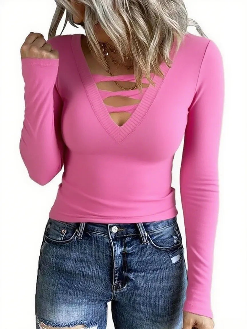 Women's Plain Cut Out Long Sleeved Basic Tee