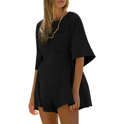 Short Sleeve Crew Neck Loose Jumpsuits with Pocket