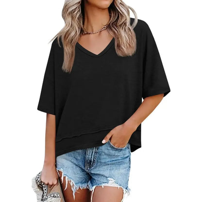 Womens Summer V Neck T Shirts Casual Short Sleeve Flowy Tops Cute Loose Fit