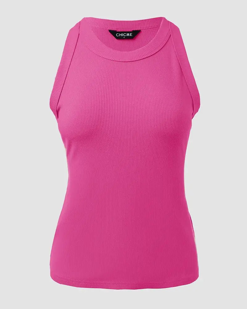 O-Neck Knit Sleeveless Basic Slim Fit Tummy Control Tank Casual Top(Without Pads)