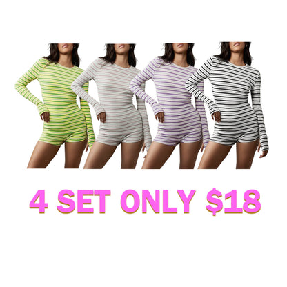 Women's Striped Knit Casual Long Sleeve Top & High Waist Elastic Sporty Shorts Set