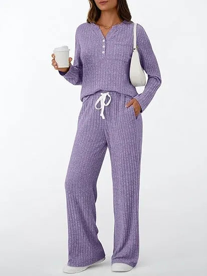 Womens 2 Piece Lounge Sets Fall Outfits Henley Neck Sweater 2025 Matching Sweat Suits Comfy Pajamas Clothes Pockets