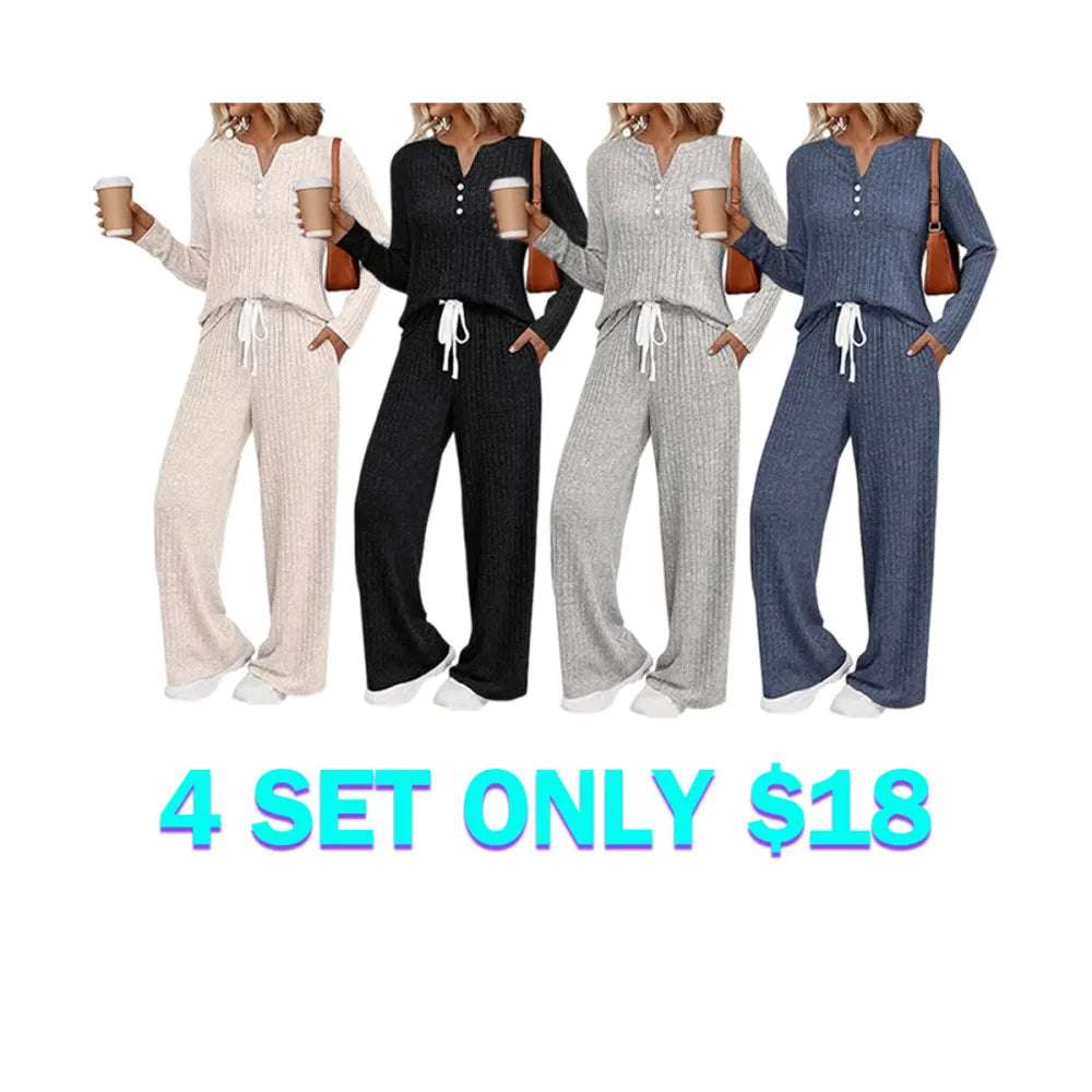 Womens 2 Piece Lounge Sets Fall Outfits Henley Neck Sweater 2025 Matching Sweat Suits Comfy Pajamas Clothes Pockets