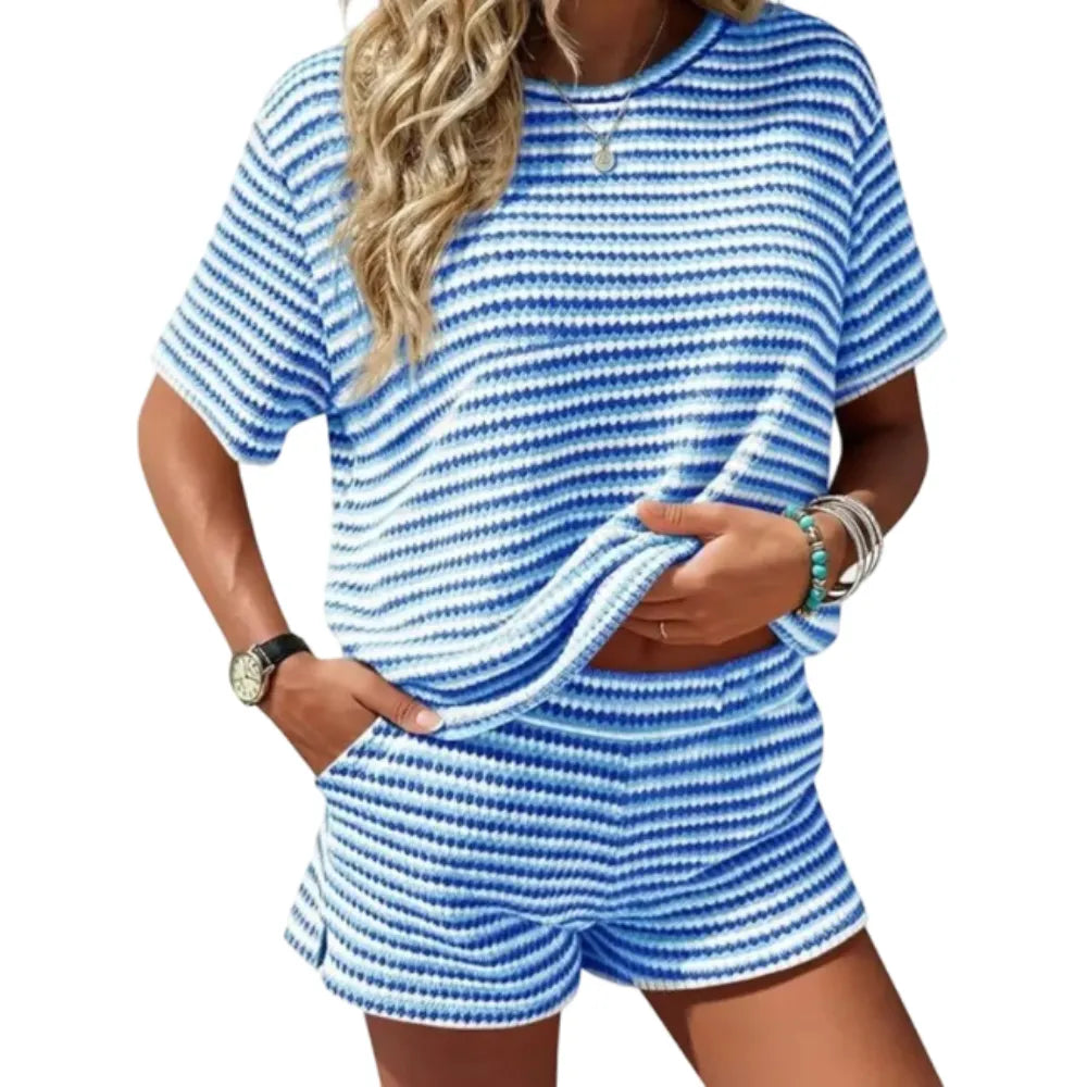Women's  Striped 2 Piece Outfits Short Sleeve Shirts Tops Knit Shorts Sets