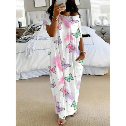 Women's Pocket Round Neck Nightdress Lady's Sleepwear Dresses
