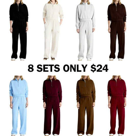 Fleece Half Zip Pullover & Cargo Wide-Leg Pants 2-Piece Set