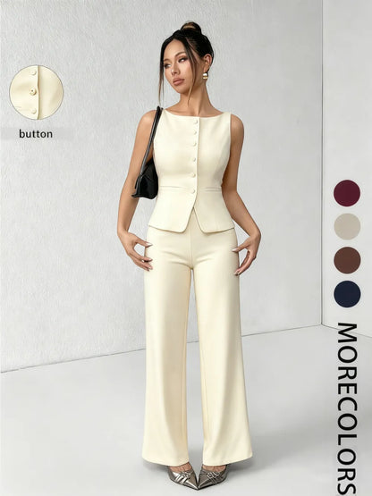 Women's Solid Button Front Tank Top & Wide Leg Pants Set