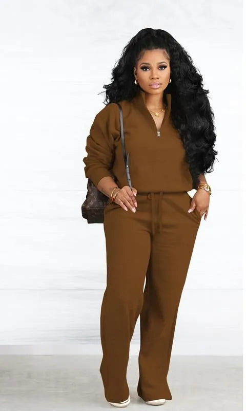 Two-piece Set Women's Solid Zip Up Funnel Neck Sweatshirt & Drawstring Waist Pants