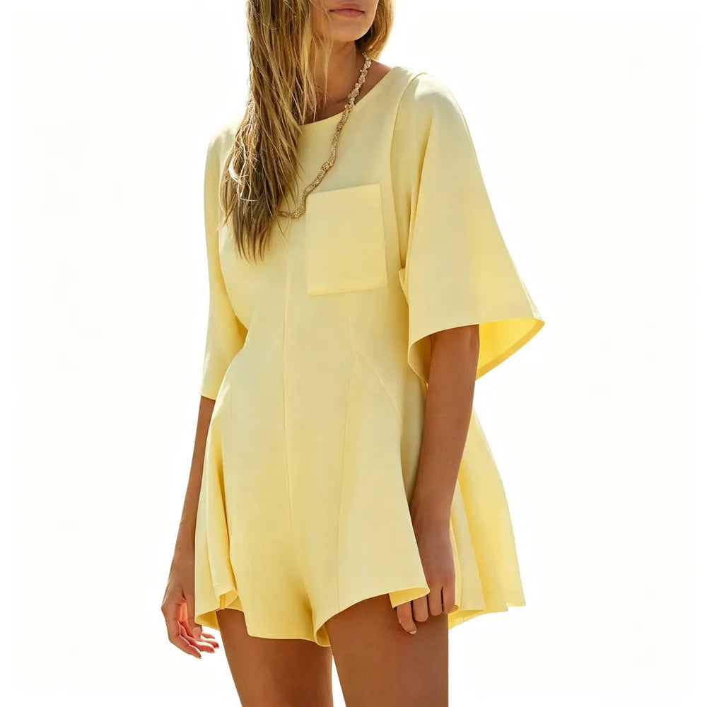 Short Sleeve Crew Neck Loose Jumpsuits with Pocket